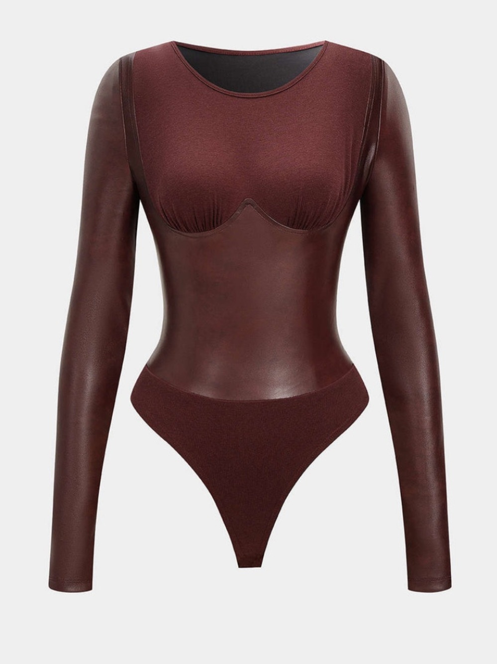 MICAS Burgundy Faux Leather Patchwork Round Neck Long Sleeve Bodysuit